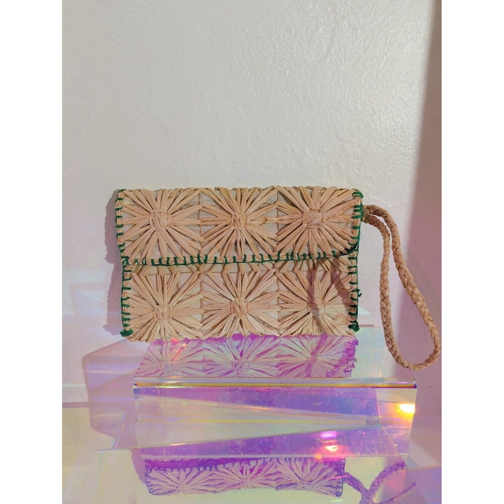 Vintage Woven Raffia Straw Floral Envelope Clutch Wristlet Natural Green Stitch